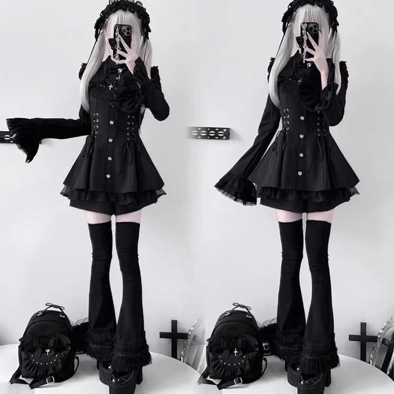 

k Sweet Heart Lolita Skirt with Long Sve And Knot Lace Dr for Women Faionable Gothic Sle