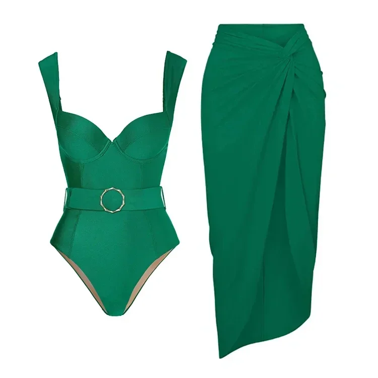 Traje de baño Retro de una pieza con cinturón, traje de baño verde con falda, ropa de playa, venta al por mayor