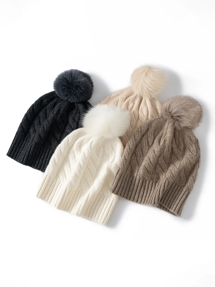 新しい秋冬の女性カシミヤ帽子 100% カシミヤケーブルニット帽子暖かいプルオーバーキャップカジュアルシンプルなスタイルカシミヤ帽子トップス