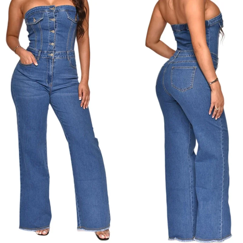 جمبسوت نسائي صيفي بدون حمالات مكشوف الأكتاف من قماش الدنيم جمبسوت نسائي من Combinaison En Jean للسيدات 2025 ملابس أنيقة بشكل عام من قطعة واحدة #5