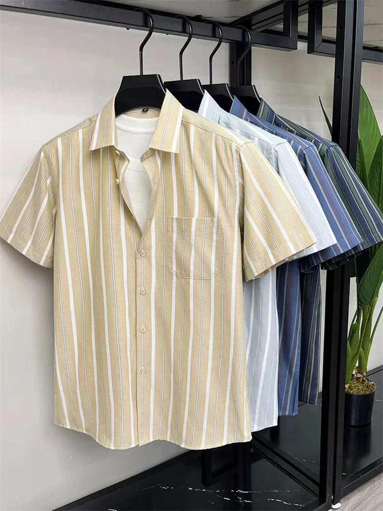Summer new men's short sleeved shirt men's pure cotton wrinkle resistant casual loose vertical stripe shirt