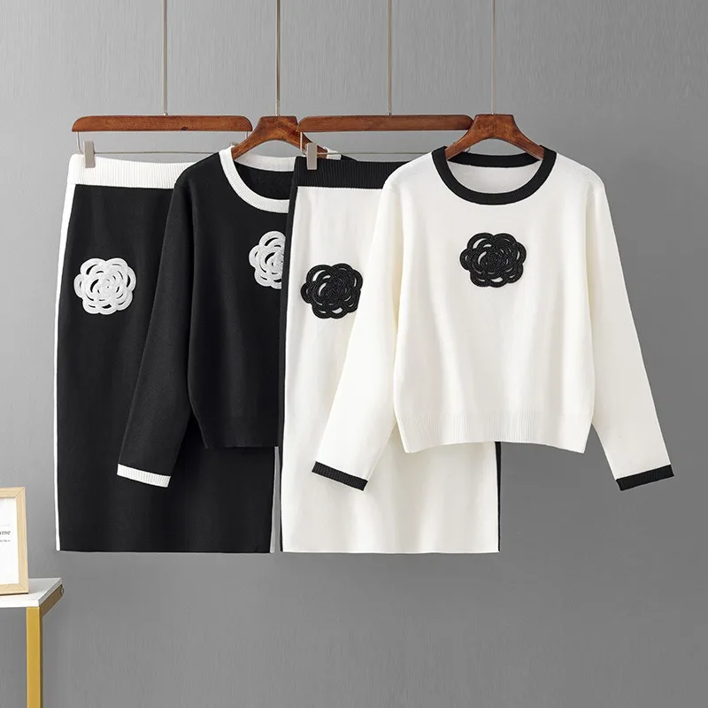 Autumn Embroidered Wool Skirts Suit Embroidered Sweater Tops with One-Step Skirt Fashion Women Casual Loose Two-Piece Sets