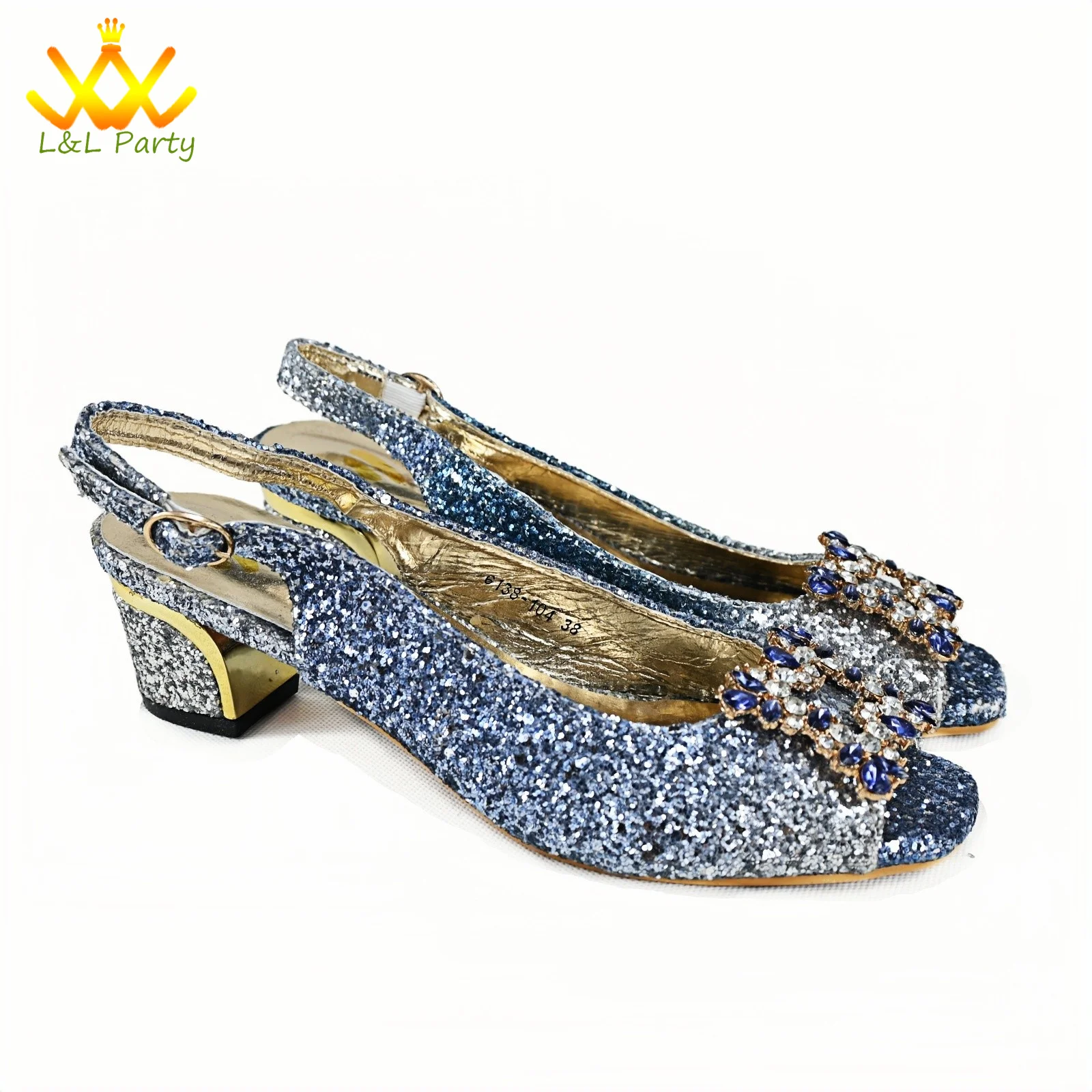 Blue Color New Design Italian Shoes and Bag Set for Wedding Low Heels Shinning Crystal Peep Toe Platform