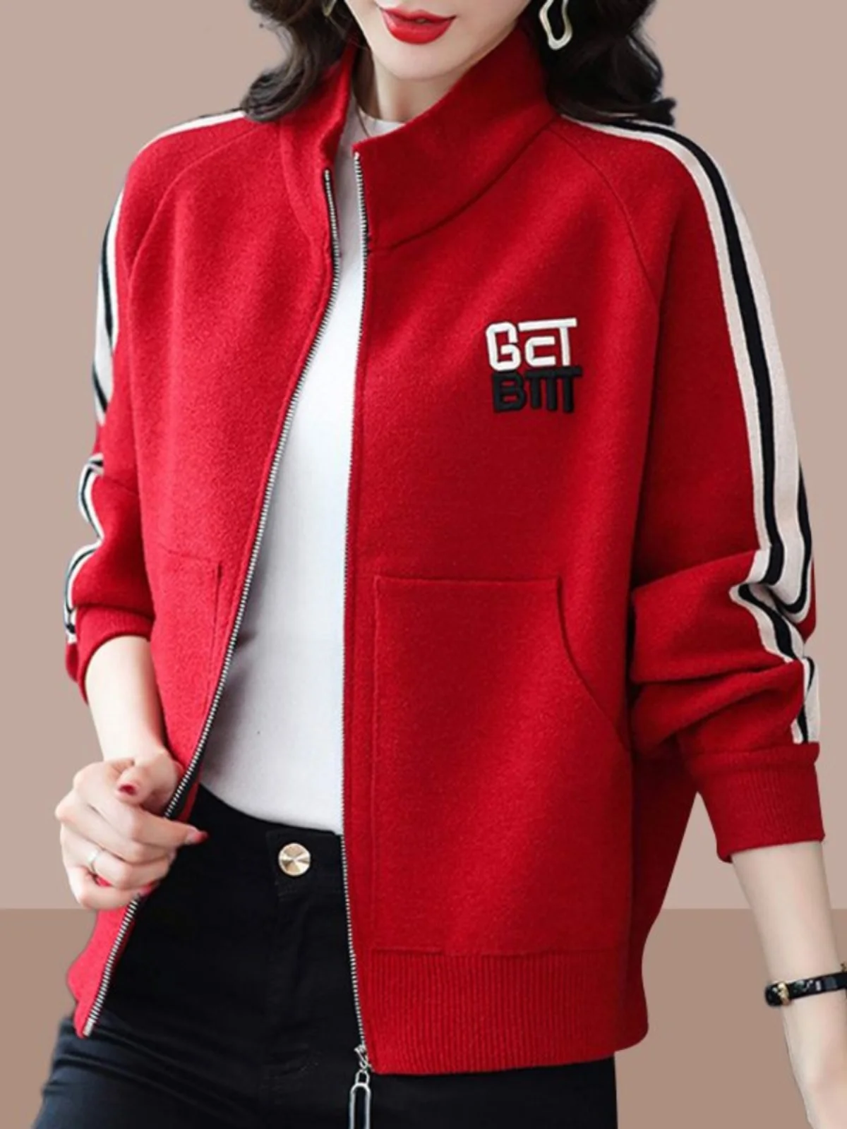 Ele Wine Red Stand Collar ort Baseball Jaet Women's Spring Autumn Large Size Faionable European Sle Top