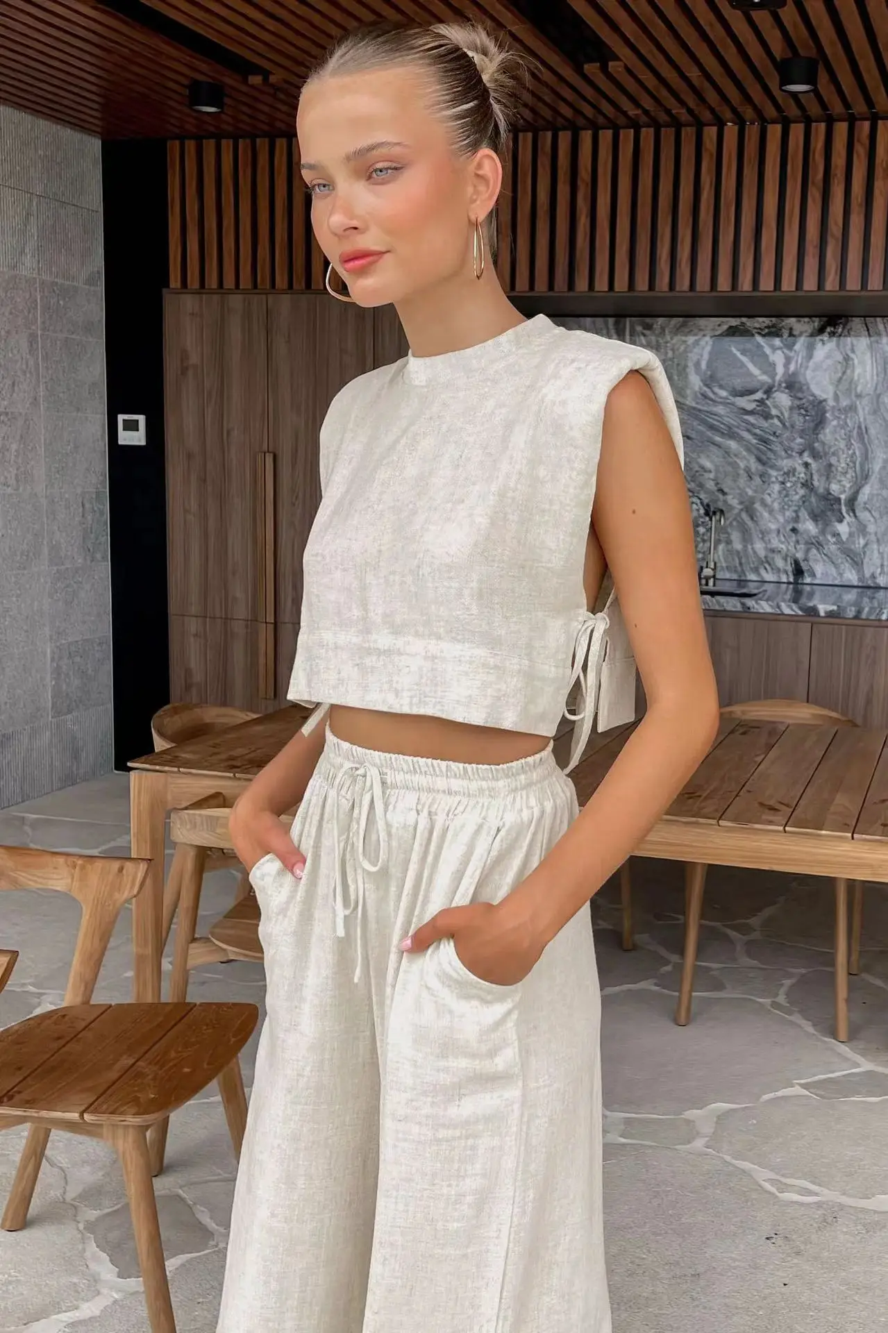 New Summer Two Piece Wide Leg Pants Set Women Sexy Short O-neck Lace Up Sleeveless Vest+Straight Wide Leg Trousers Suit Set Y2k