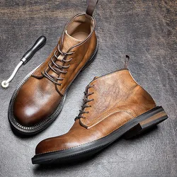 Vintage Mens Cowhide Boots Luxury Genuine Leather Handmade 2024 Fashion Round Toe Ankle Casual Business Wedding Social Shoes Man