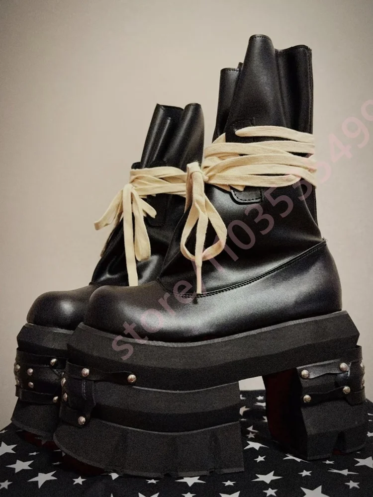Black Platform Studded Lace-Up Motorcycle Boots 2025 New Round Street Punk Rock Chunky High Heel Boot Fashion Casual Gothic Boot
