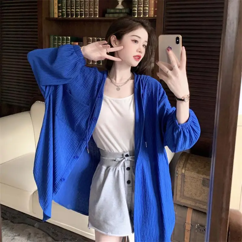 

Модная повседневная женская рубашка с капюшоном, легкая свободная блузка средней длины для весны и лета, стильный топ ​