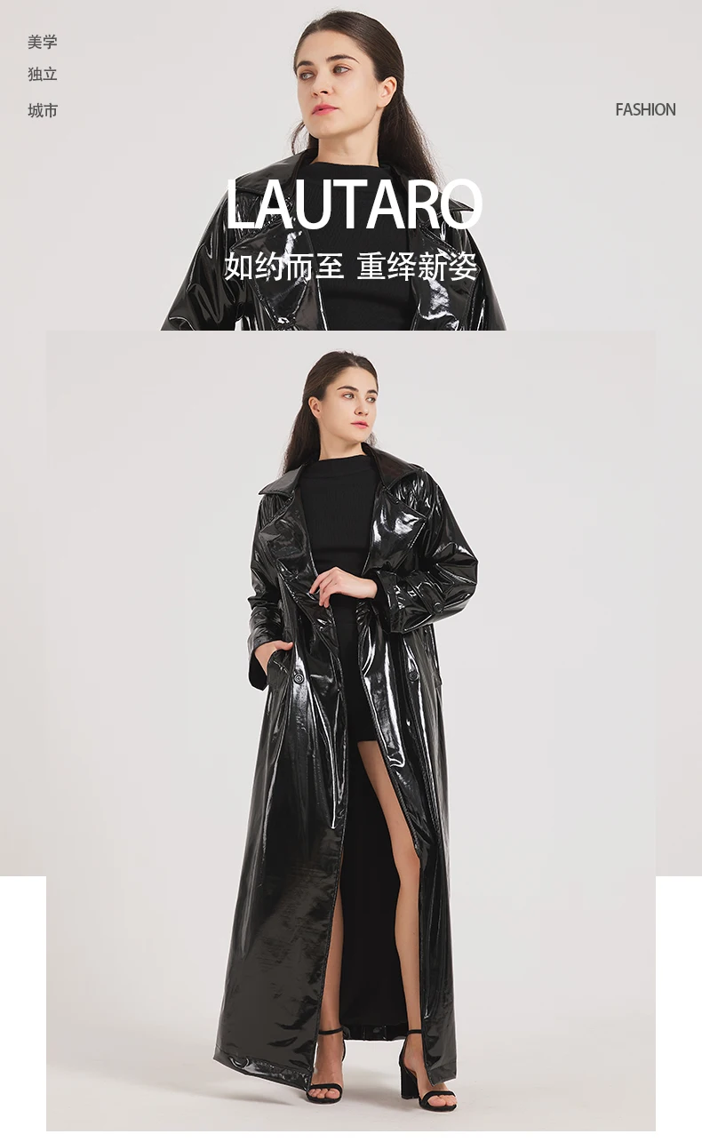 Lautaro Spring Autumn Black Shiny Reflective Soft Patent Leather Trench Coat for Women Luxury Designer Floor Length Clothes 2024