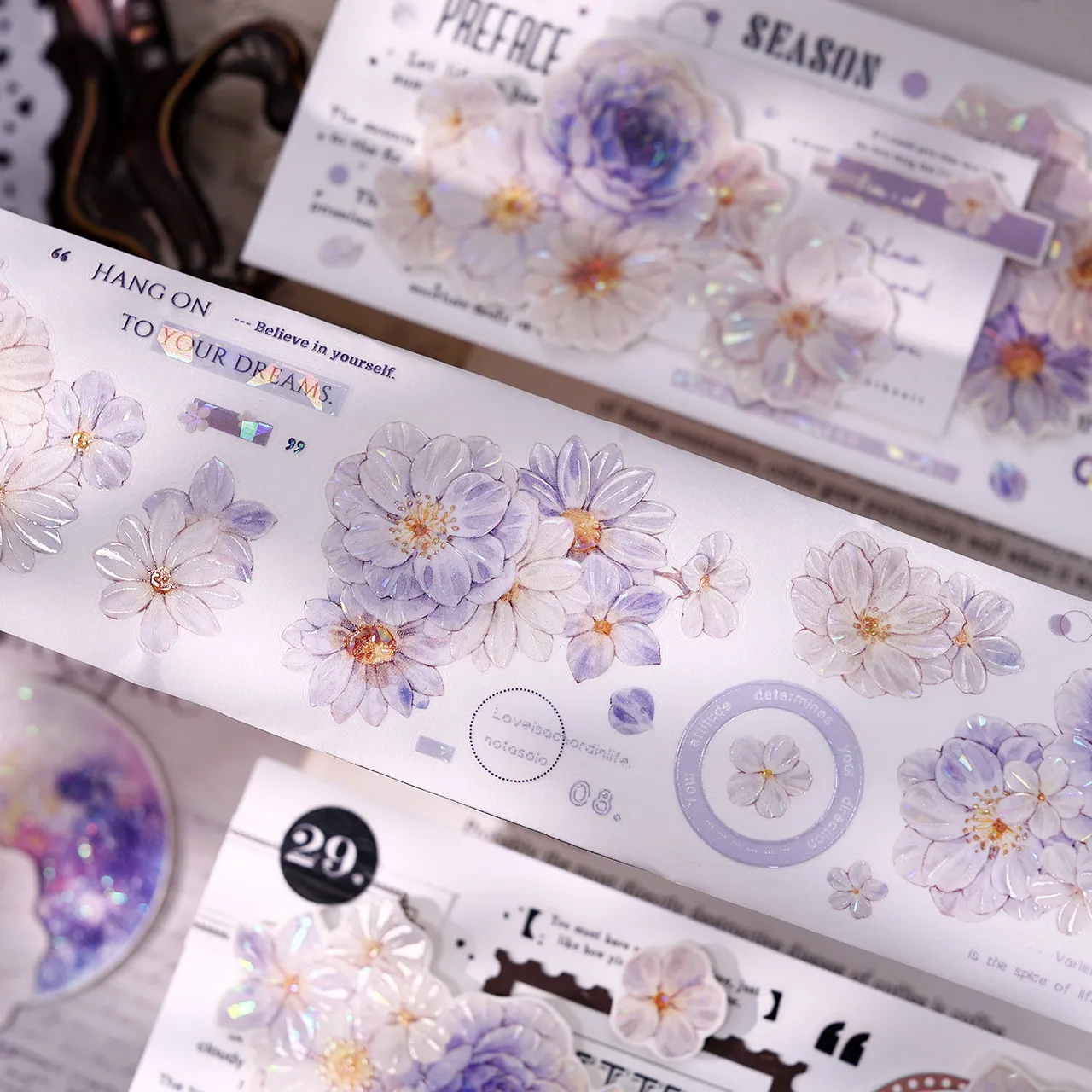 Vintage Soft Purple Floral Washi PET Shell Shiny Die-Cut Tape for Journal Scrapbooking DIY Craft Decoration