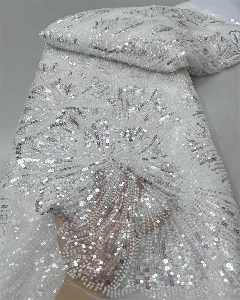 

High-Quality Nigerian Lace Material Wedding Fabric with Sequins African Handmade Beads French Mesh Beaded Tulle for Special Occa