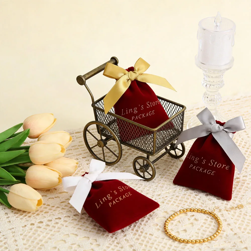 100Pcs Custom Logo Red Wine Thick Velvet Jewelry Packaging Bag Adorable Wedding Favors Pouch Cosmetic Sachet Jewellery Organizer