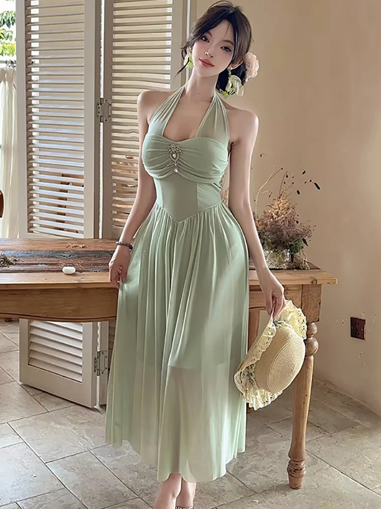 

Women Green Mesh Patchowrk Ruffled Long Dress Summer Elegant Diamonds Neck-mounted Sexy Dress 2025 Korean Bodycon Evening Dress