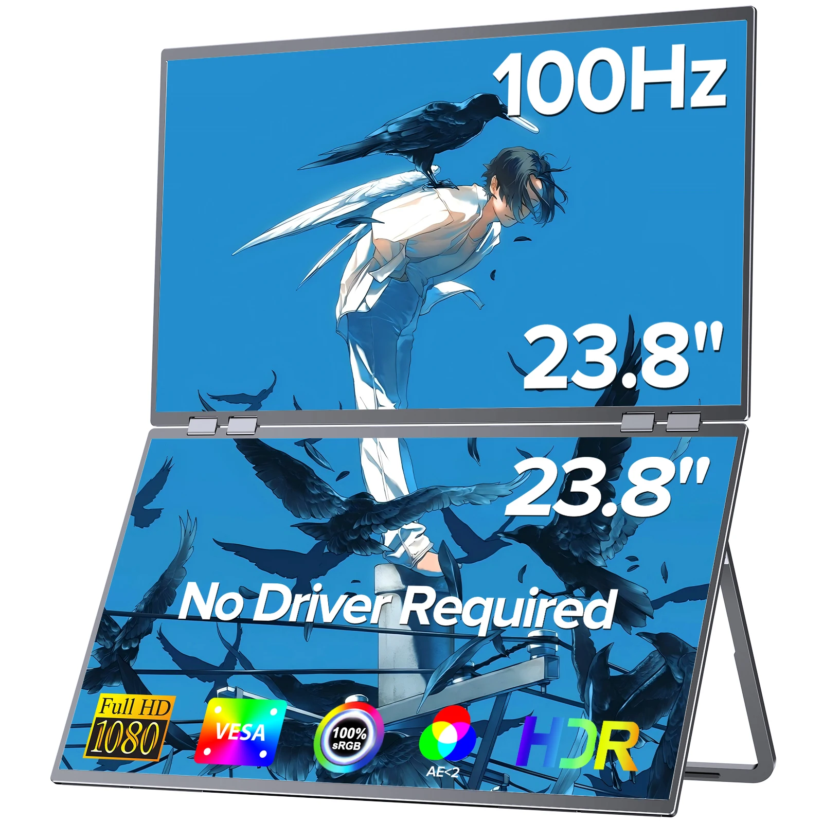 

Portable Dual Monitor 23.8" 100Hz FHD 1080P Stacked Vertical Displays for Gaming Coding Working USB-C HDMI Laptop Screen Extende