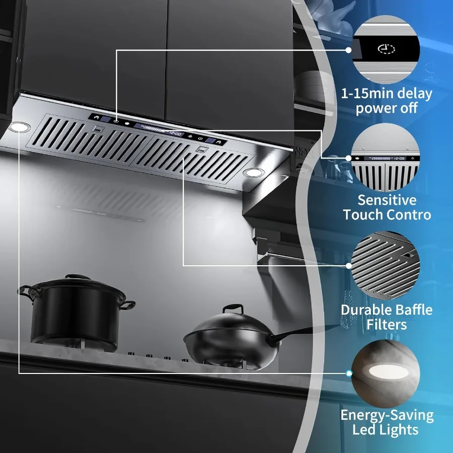 36inch Built-in Range Hood Kitchen Hood Insert with 900CFM 4 Speed Gesture Sensing Remote Control Touch Interface Delay Off Tim