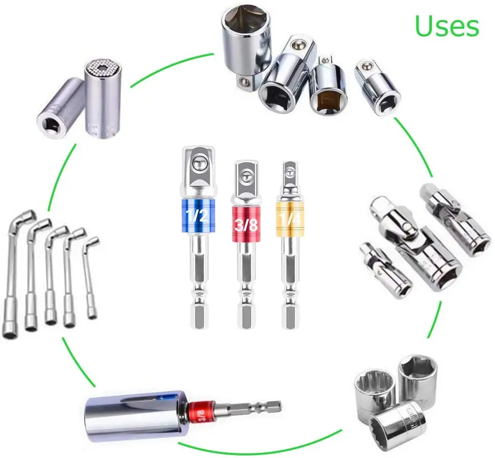 3pcs Impact Grade Socket Adapter Extension Set 1/ 4" 3/ 8" 1/ 2" Drive Socket to Drill Adapter Power Drill Into Nut Driver
