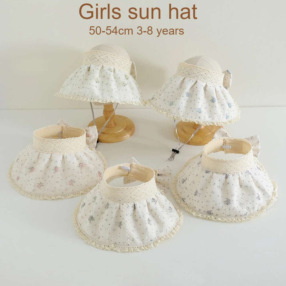 Girls UV Protection Hat 50-54cm 3-8 Years Girl Lace Fairy Flower Hats Children Summer Sun Hat Kids Beach Cap Silver Foil Bowknot