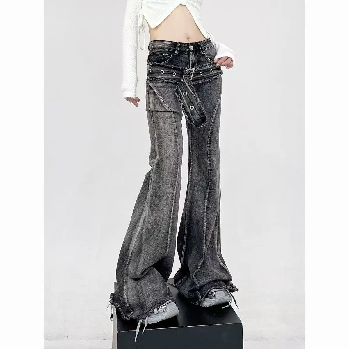 

Retro Slim Fit Washed Micro-Flared Jeans For Women Fashion Splicing Belt Y2K American High-Waist Vintage Straight Trousers