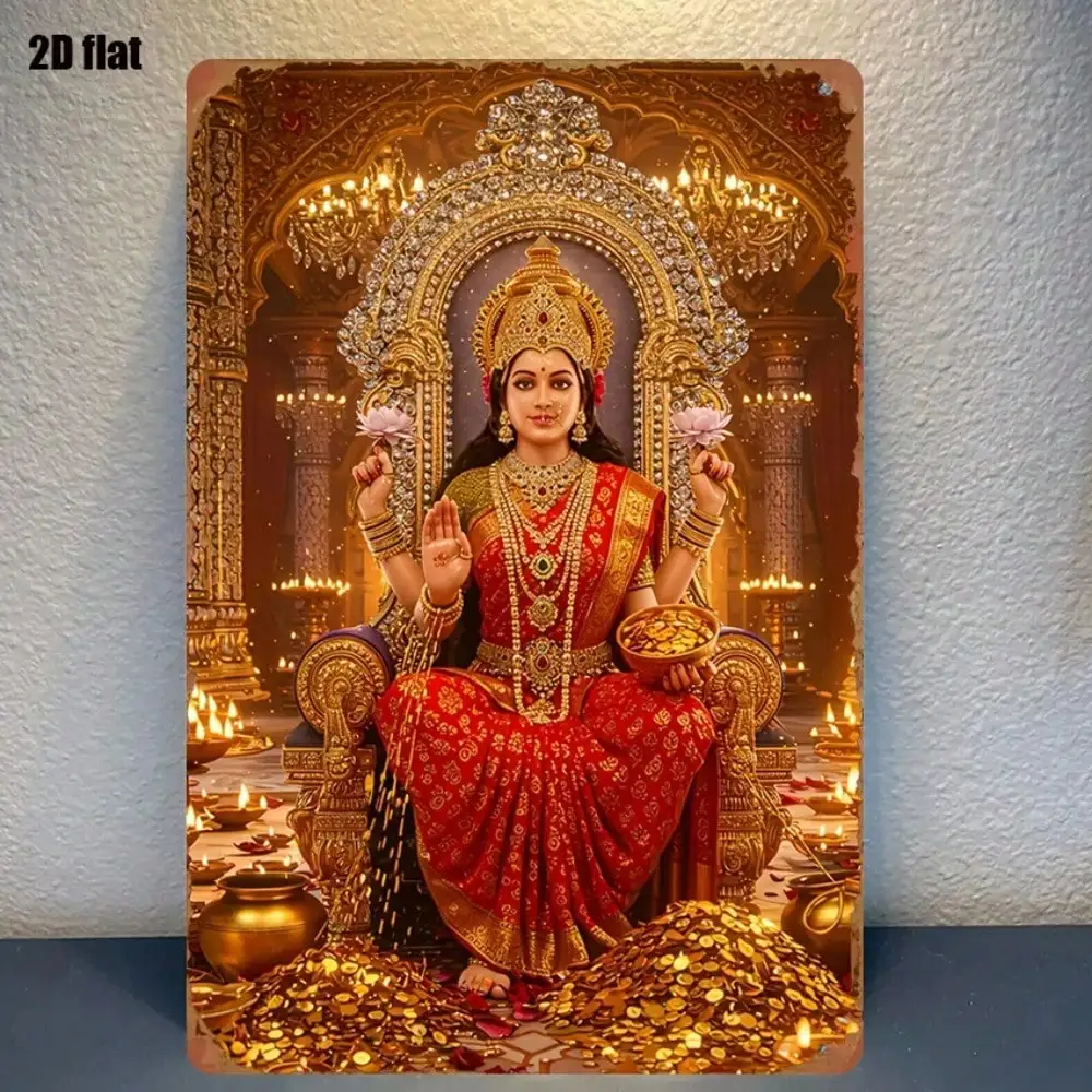 Iron Hindu Durga Lakshmi Wall Decor - 20x30cm Gold Red Sari Religious Art for Home Altar Temple