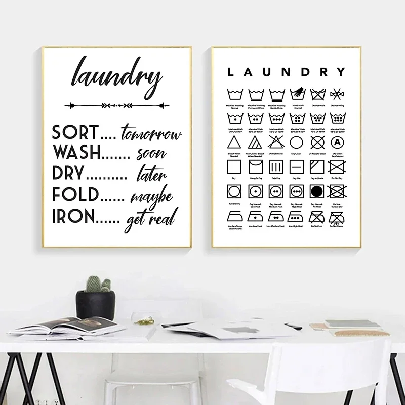 Black And White Laundry Instructions Washing Care Poster Print Canvas Painting Nordic Wall Art For Laundry Room Home Decor