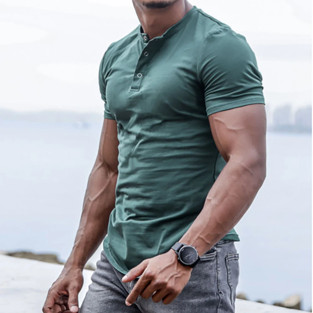 Men's T-Shirt Henley Stretch Slim Short Sleeves Male Summer Clothing Solid Color Causal Men T Shirt Tops O-Neck Pullover Tee