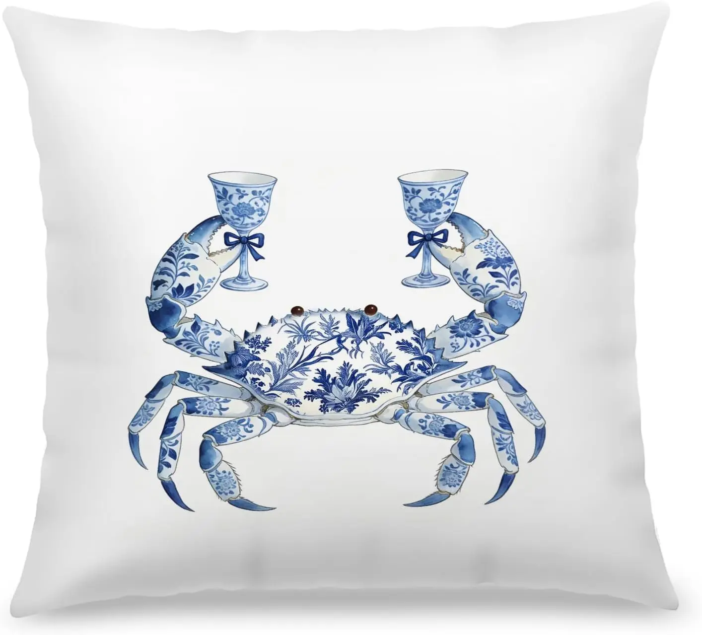 Decorative Blue White Crab Art Cushion Cover Pillow for Coastal Nautical Home Decor Porcelain Tea Party Chinoiserie Accent Pillo