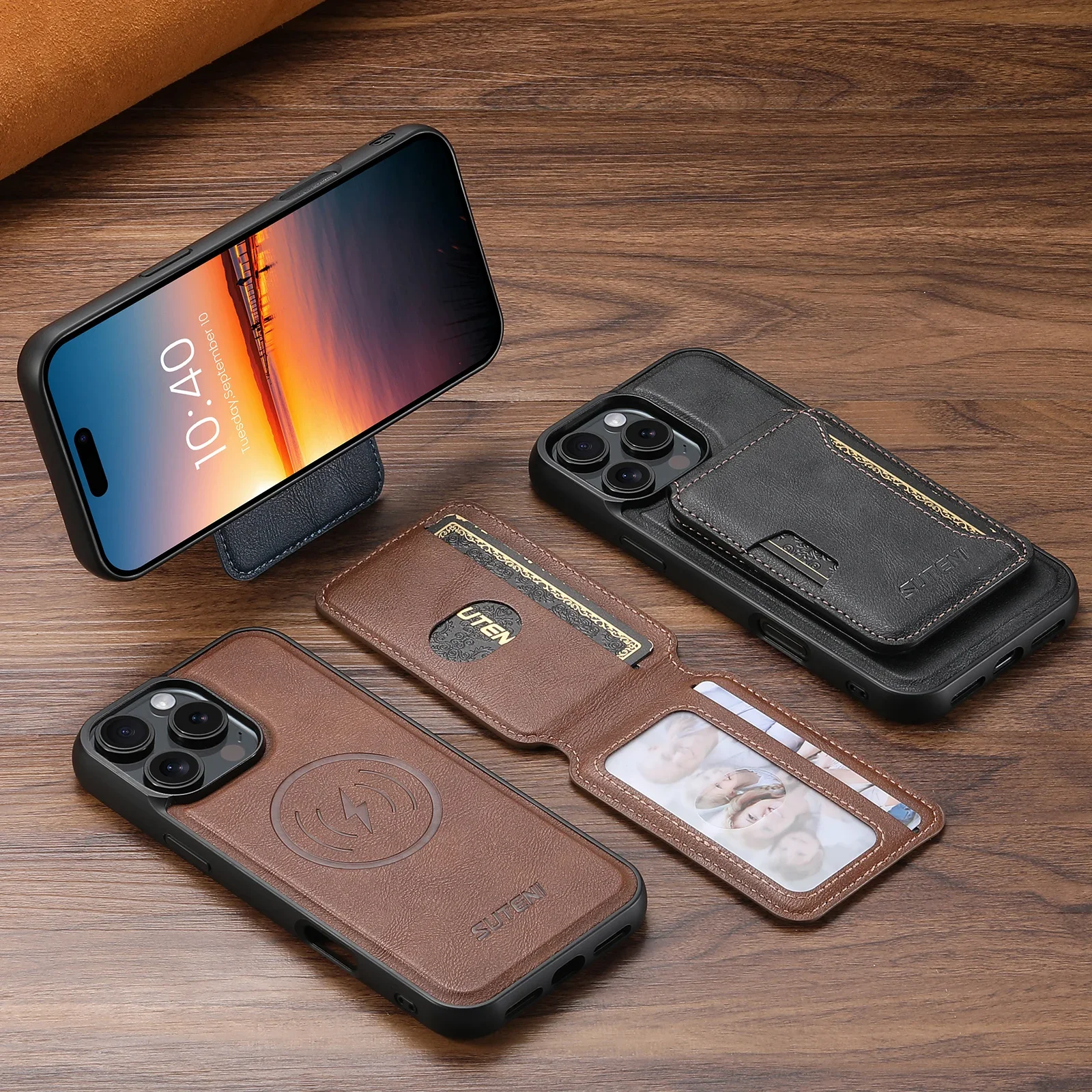 الراقية الأعمال Sle المغناطيس شحن لاسلكي الجلود مع حامل بطاقة جراب هاتف آيفون 16 15 14 13 12 برو ماكس زائد غطاء