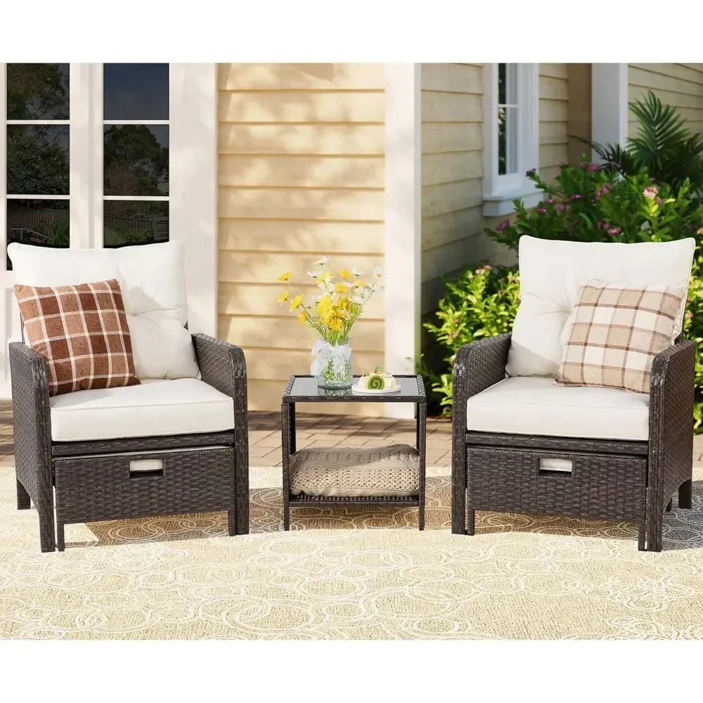 Wicker Patio Furniture Set, All Weather PE Wicker Rattan Outdoor Chair and Ottoman Set, Small Cushioned Patio Chairs