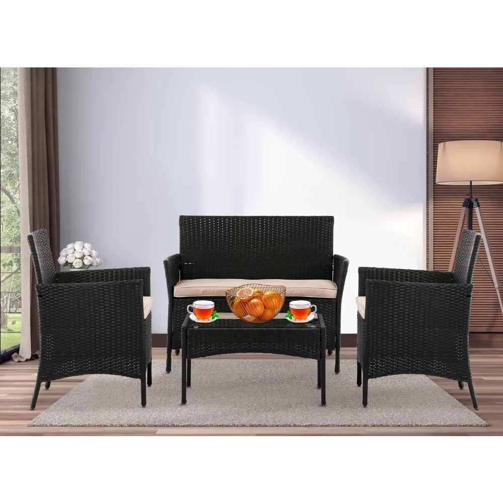 Patio Furniture Set Conversation Chairs, 4 Pieces Wicker Patio Set Outdoor Patio Seating Rattan Sofa with Table for Balcon