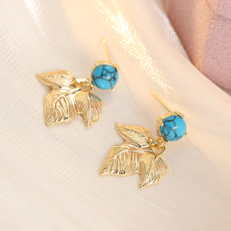 Bohemian Style Synthetic Turquoise Maple Leaf Golden Dangle Earrings for Women Vintage Elegant Banquet Party Jewelry Accessories