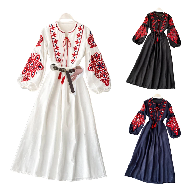 جديد الخريف الشتاء المرأة الرجعية العرقية فستان مطرز فانوس الأكمام البوهيمي فستان مناسبات المرأة طويلة الأكمام بلوزات بيضاء