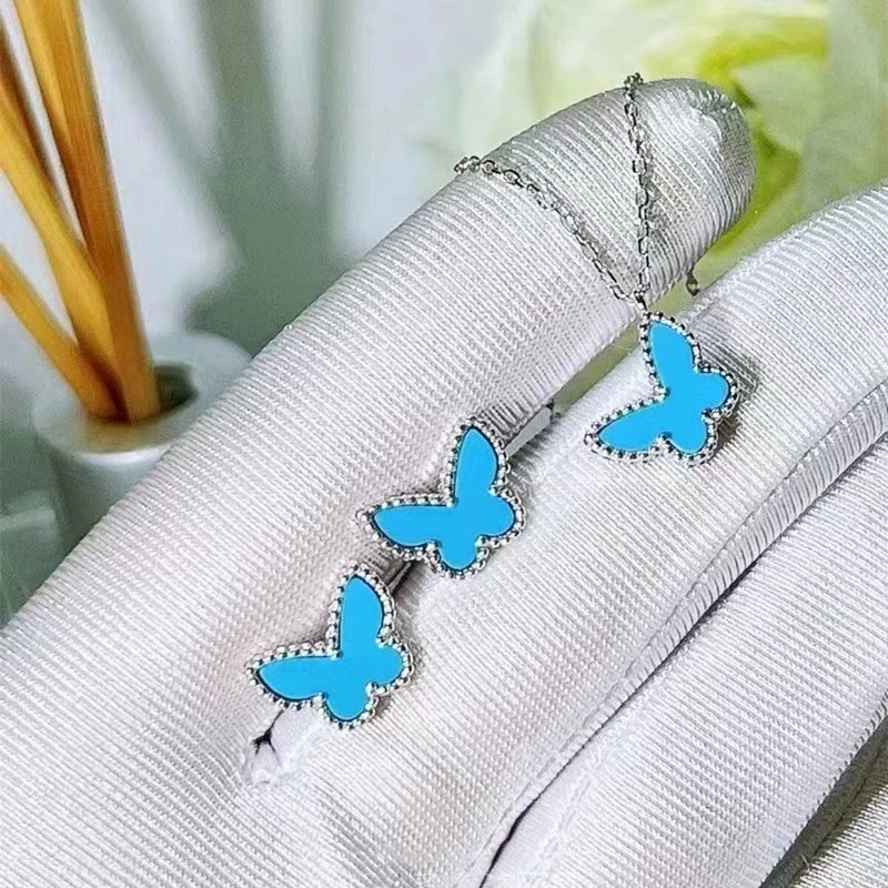 

2024 Luxury Electroplated 18K Gold Bracelet Earrings S925 Silver Turquoise Butterfly Necklace Women's Jewelry Set Gift