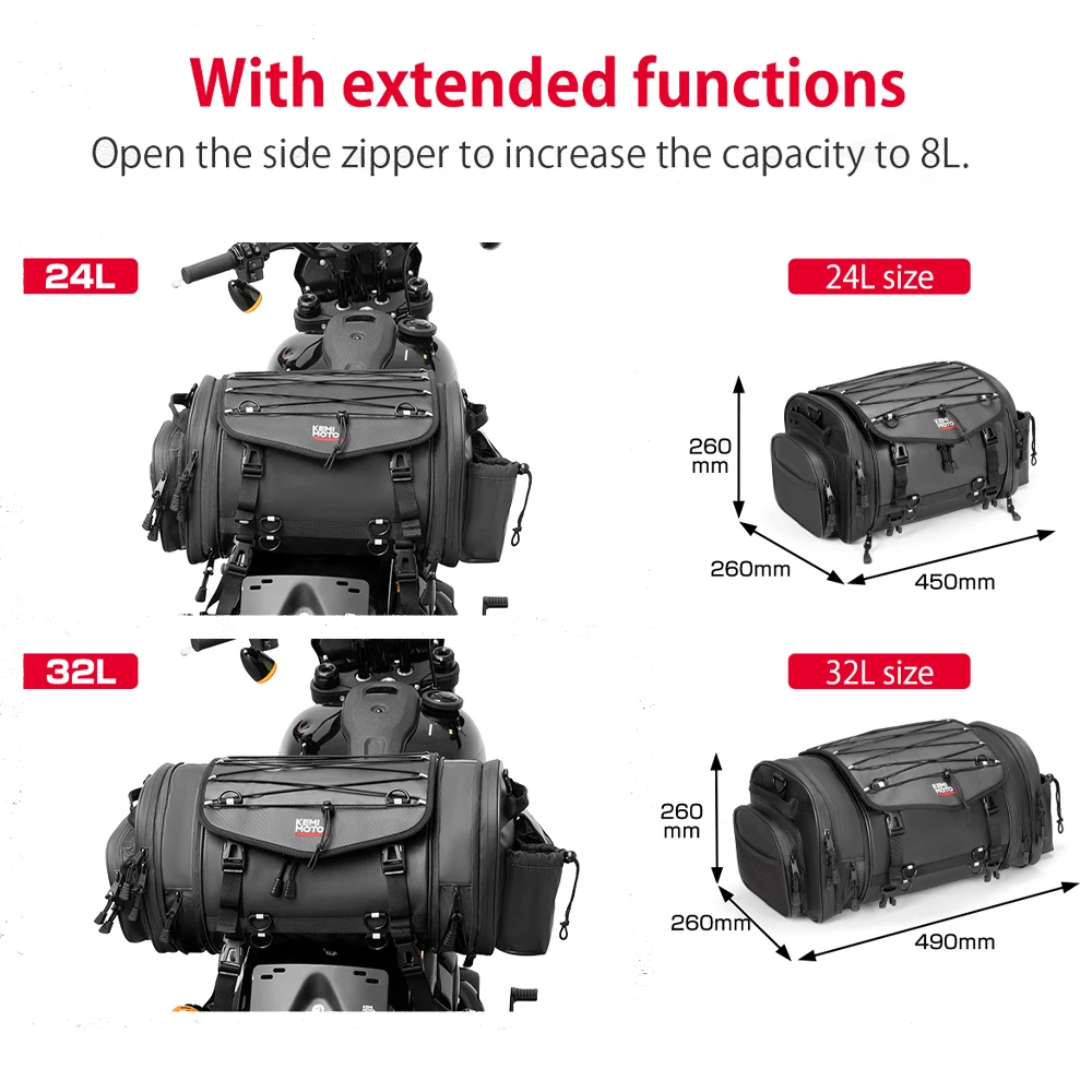 Motorcycle Travel Luggage Bags 24-32L Expandable Motorcycle Tail Bag PVC Waterproof Rear Rack Trunk with Rain Cover Storage Bags