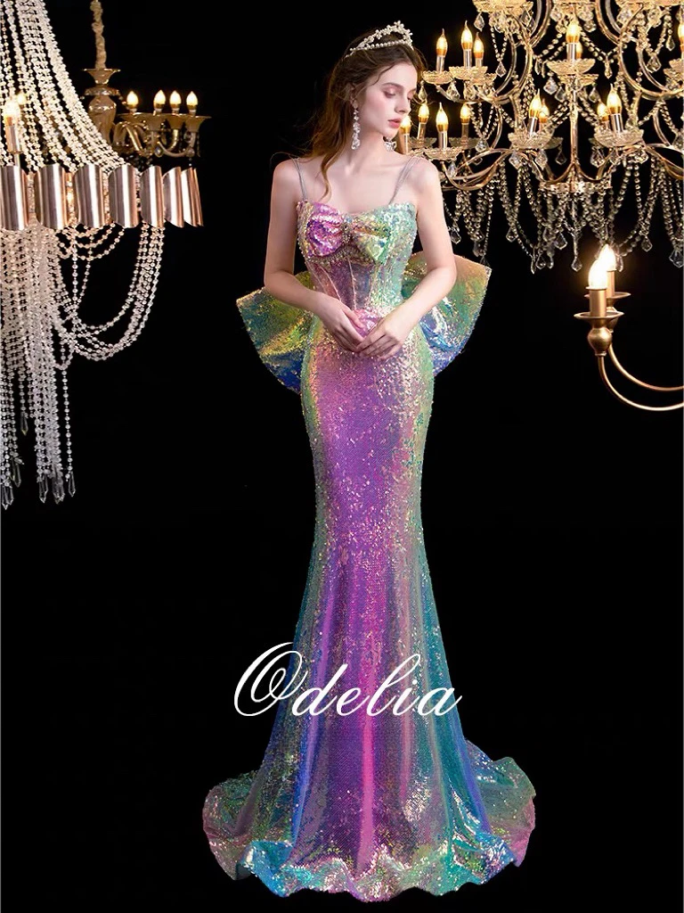 Shiny Sexy Celebrity Dresses Pearl Spaghetti Strap Mermaid Sequins Saudi Arabia Bow Ribbon Fairy Bride Prom Party Gowns High-end