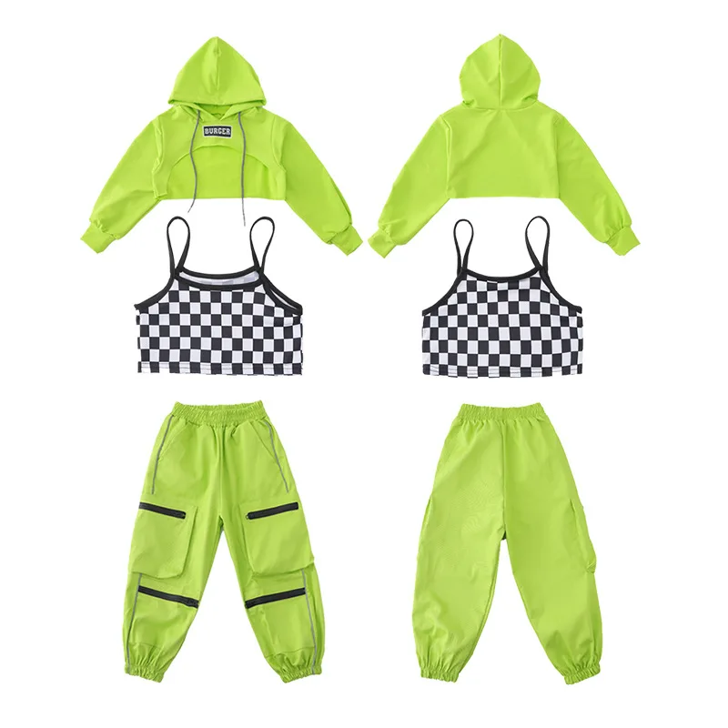 Fashion Cool Green Hoddies Jogger Vest Kids Hip Hop Dancing Clothes Ballroom Costumes for Girls Dancewear Jazz Street Dance Wear