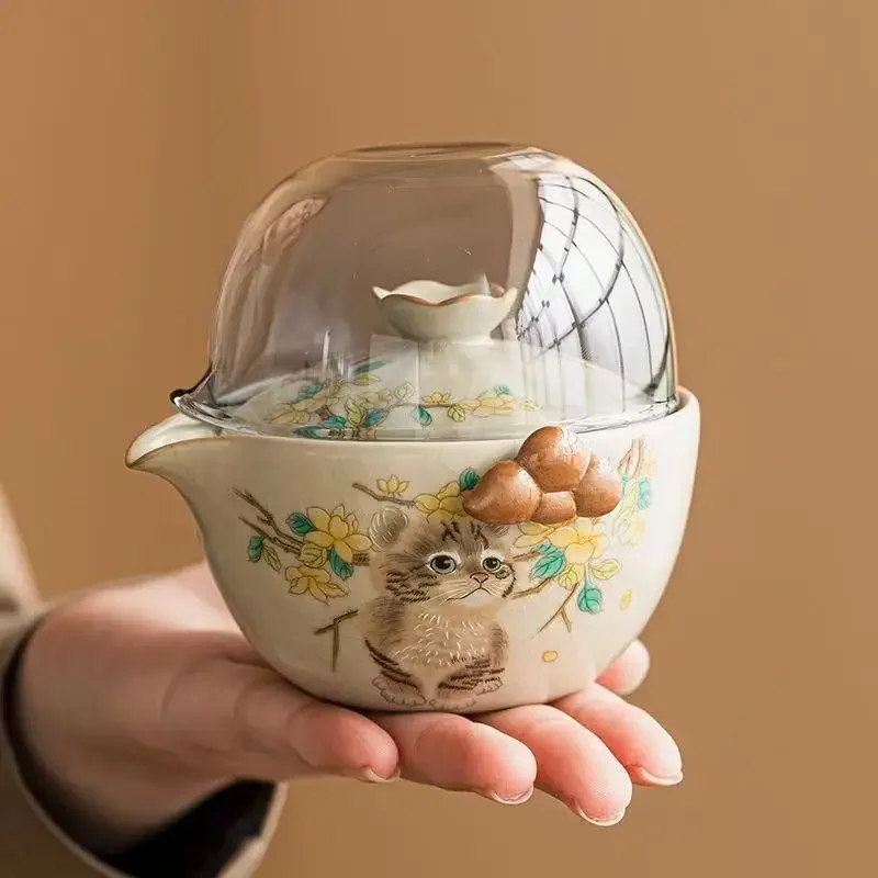 Cute Cat Ru Kiln Hand-scratched Pot Travel TeaSet Portable Bag Outdoor Camping Tea Express Cup 1 Pot 2 Cups Kung Fu TeaSet Gift