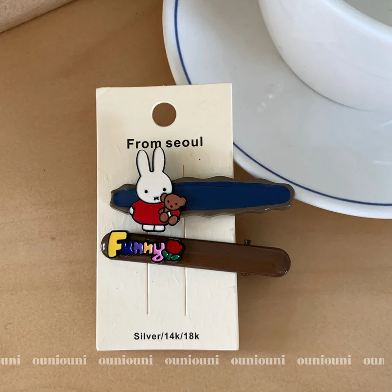 2 pçs coreano kawaii miffy coelho urso hairpin bonito metal franja hairpin borda novo para presentes da menina