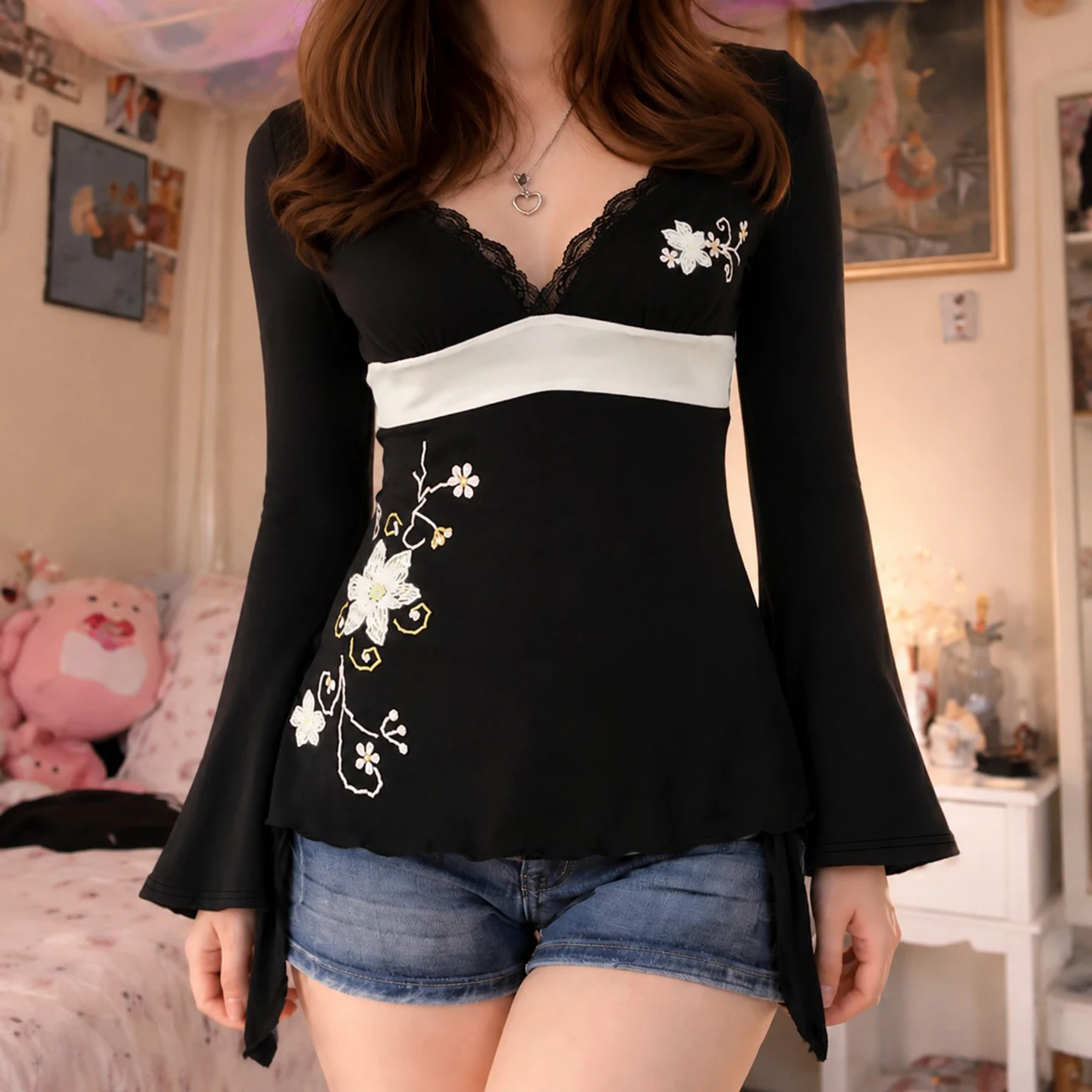 SUCHCUTE Women Y2K Floral Black t-shirts Lace Trim Deep V Neck Long Flare Sleeve Top White Sash Waist Slim Fit Vintage Aesthetic