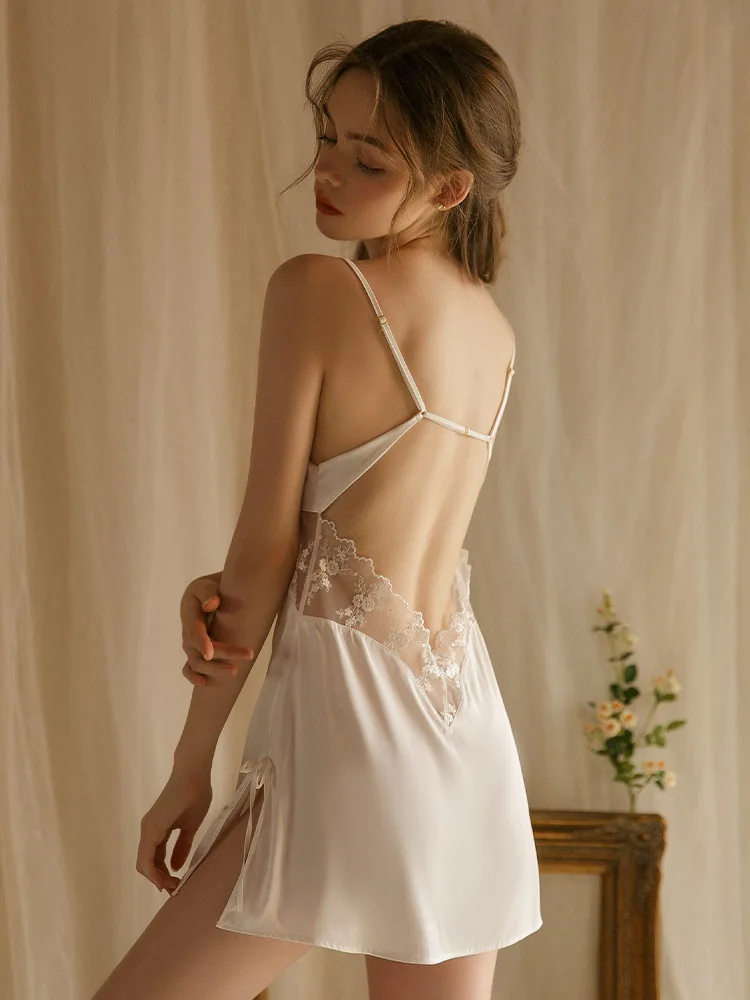 Sexy pure lust style ice silk nightgown open low cut swing neck nightgown senior sense of home wear