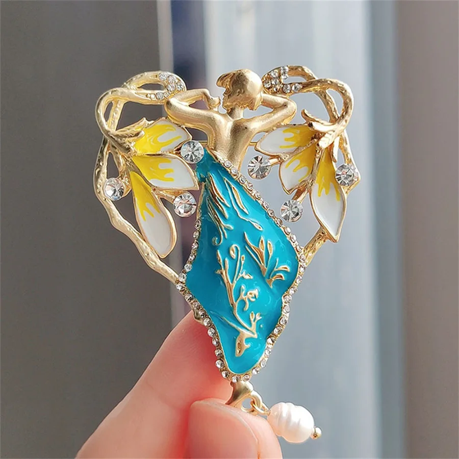 Creative Retro Colored Glaze Pearl Phoenix Brooch Handmade Painted Small Angel Pins Vintage Breast Flower Pins Designer Jewelry