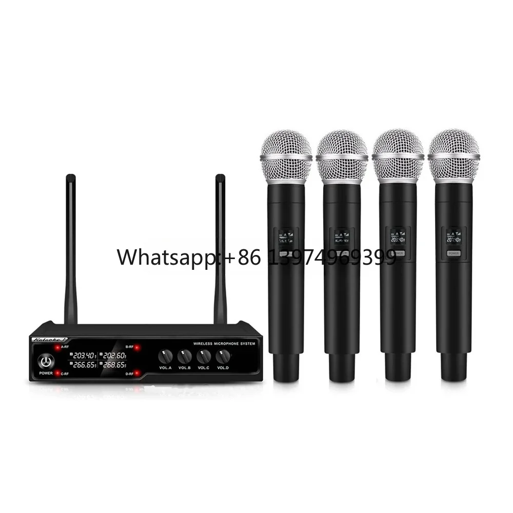Professional 4-Channel Karaoke Wireless Microphone VHF Dynamic Microphone Cardioid Polar Handheld Design Made Metal Plastic