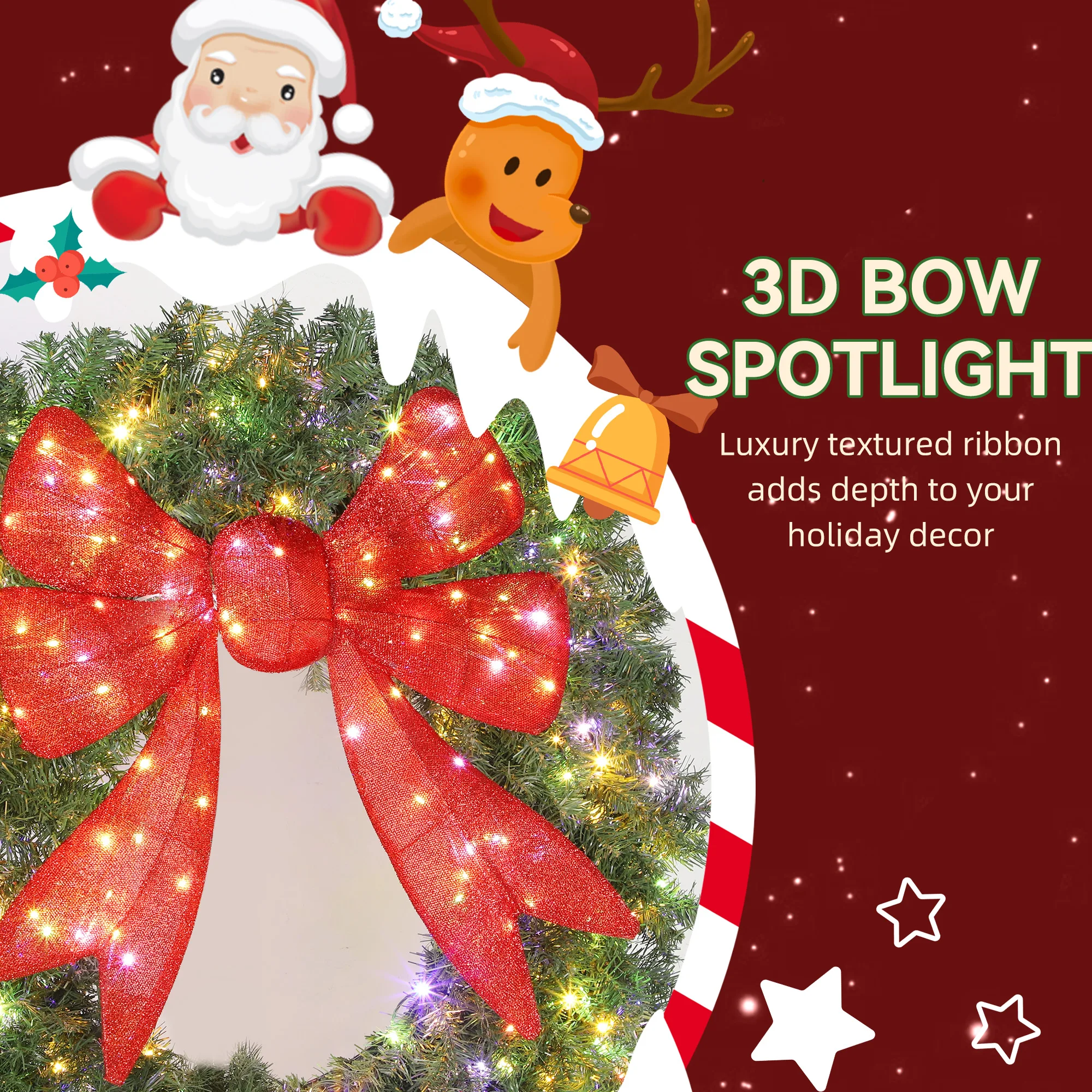 HOMCOM 48in Flocked Pre-Lit Artificial Christmas Wreath with 3D Red Bow 6