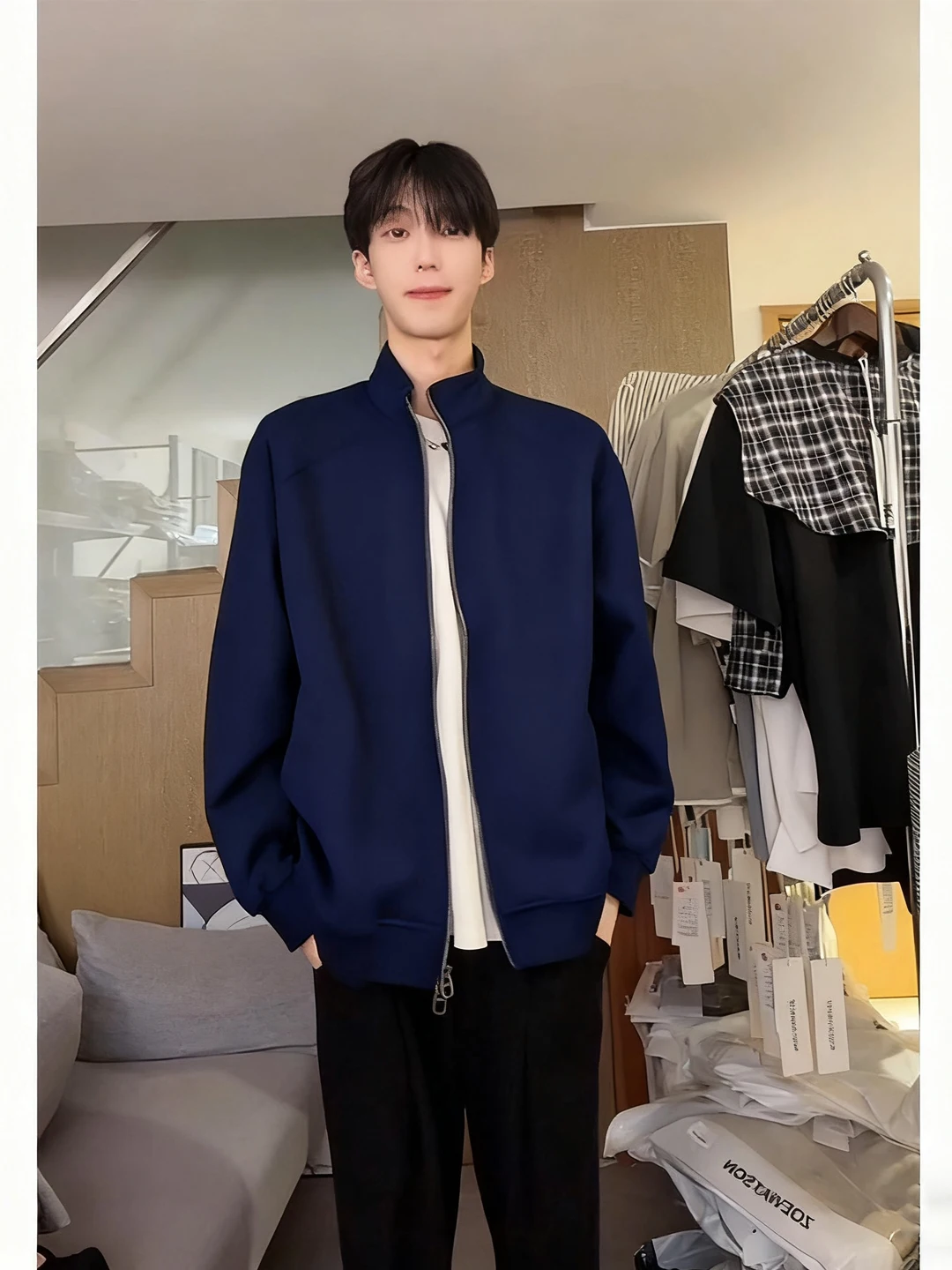 

Cleanfit k Blue Men's Cardigan Sweatirt ort American Retro Sle Baseball Jaet Stand Collar Early Autumn Outerwear