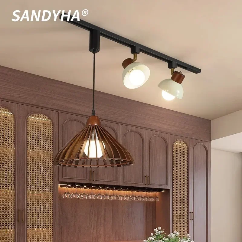 

SANDYHA Japanese Pendant Lights Retro Restaurant Track Spotlight Woodcraft Design Hanging Chandelier Living Room Decoration Home