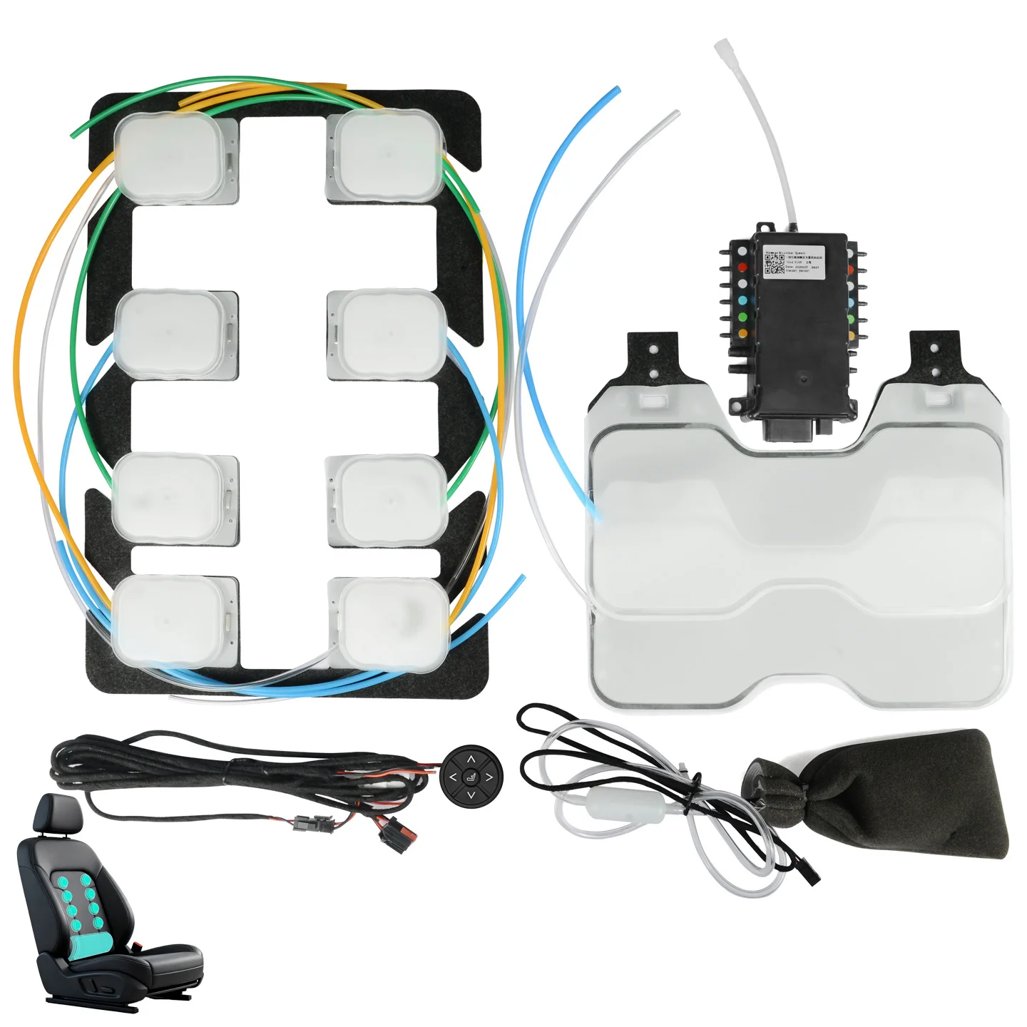 

Car safety seat pneumatic massage upgrade kit 8+2 points lumbar support, 8 modes, 3 intensities, 12V/1 seat/universal