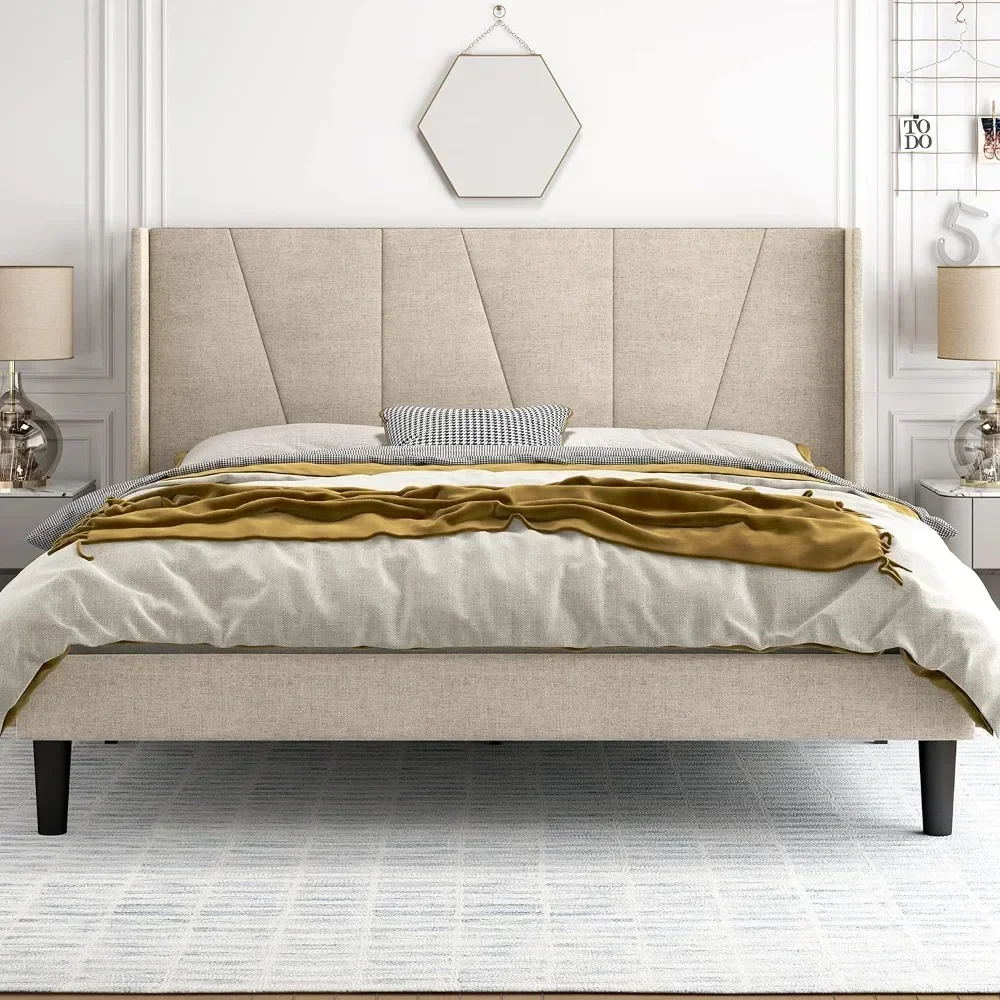 Queen Size Bed Frame with Geometric Wingback Headboard, Wooden Slats Support, No Box Spring Needed, Queen Size Bed Frame