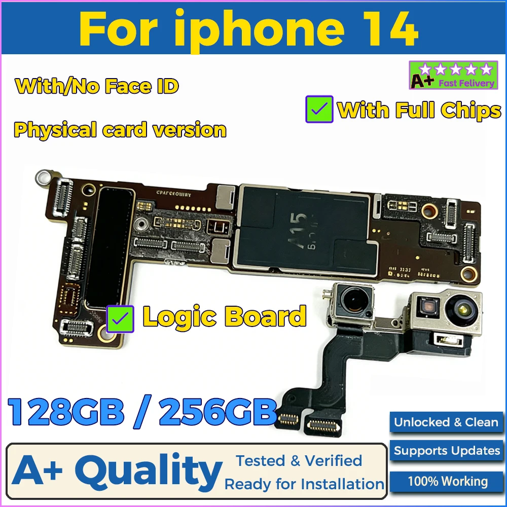 Fully Tested Authentic Mainboard For iPhone 14 Unlocked Motherboard With Face ID Clean ICloud 128G 256G SIM Version Logic Board