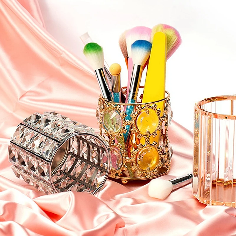 European Style Metal Makeup Brush Storage Holder Eyebrow Pencil Organizer Bead Crystal Jar Jewelry Diamond Cosmetic Box