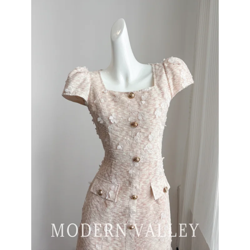 핑크 스퀘어 칼라 빈티지 향수 드레스 여성 여름 프랑스어 고품질 짧은 소매 달콤한 파티 결혼식 여성 짧은 드레스