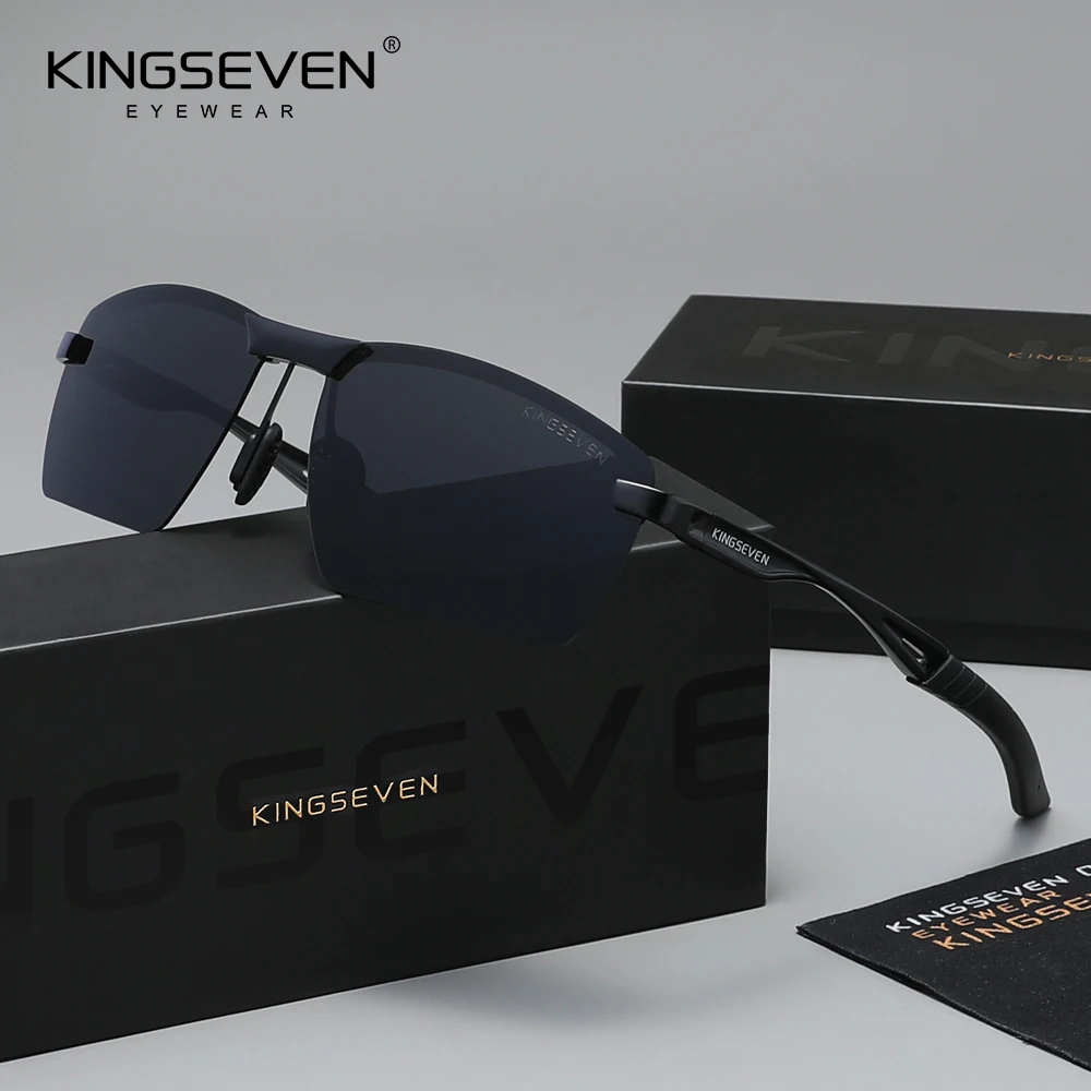 KINGSEVEN Trendige polarisierte Sonnenbrille für Herren und Damen, Aluminium-Magnesium, randloses Design, UV400-Sonnenbrille, männliche Outdoor-Brille